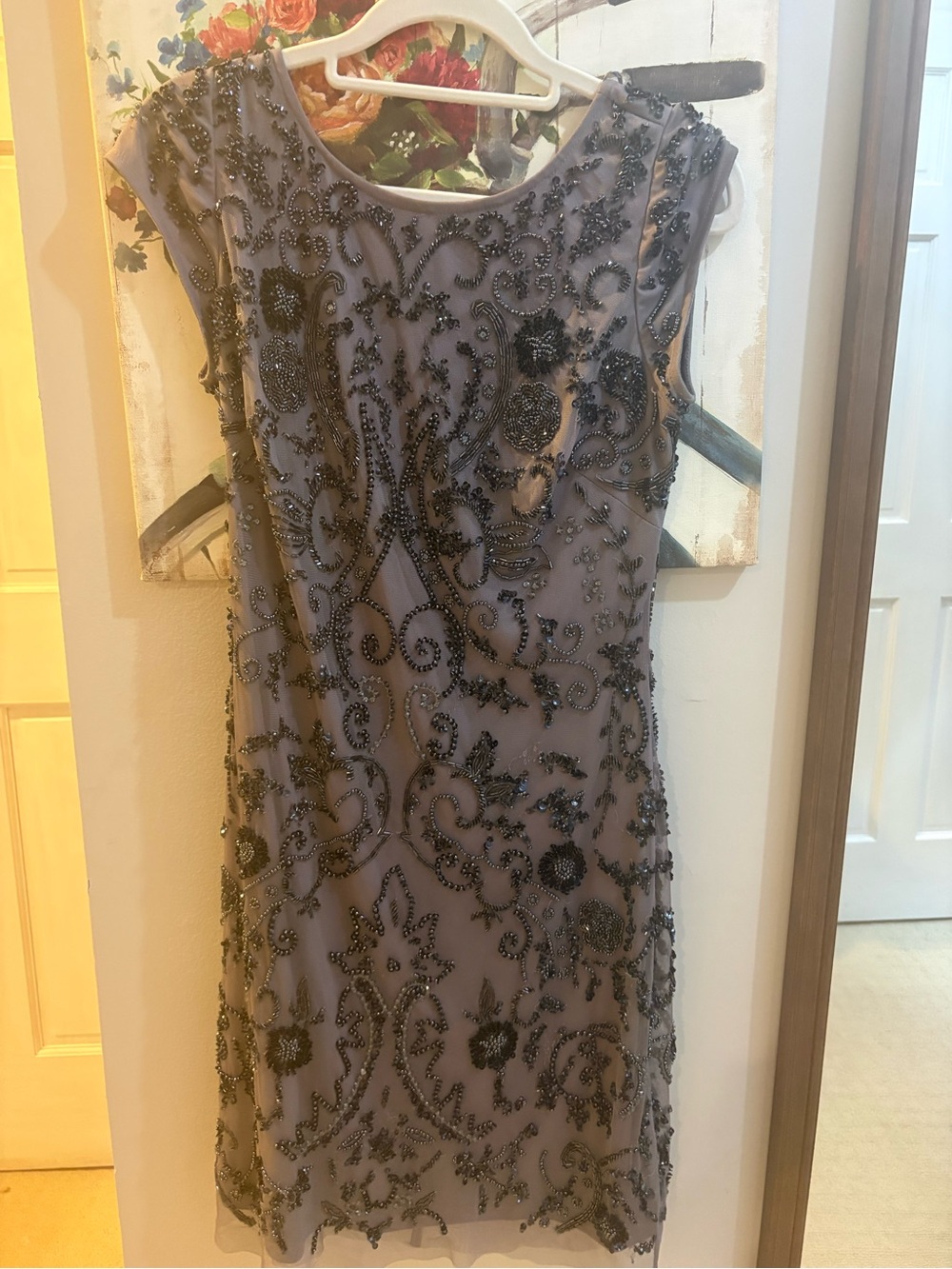 Aidan Mattox Beaded Sheath Dress in Gray with Black Beading